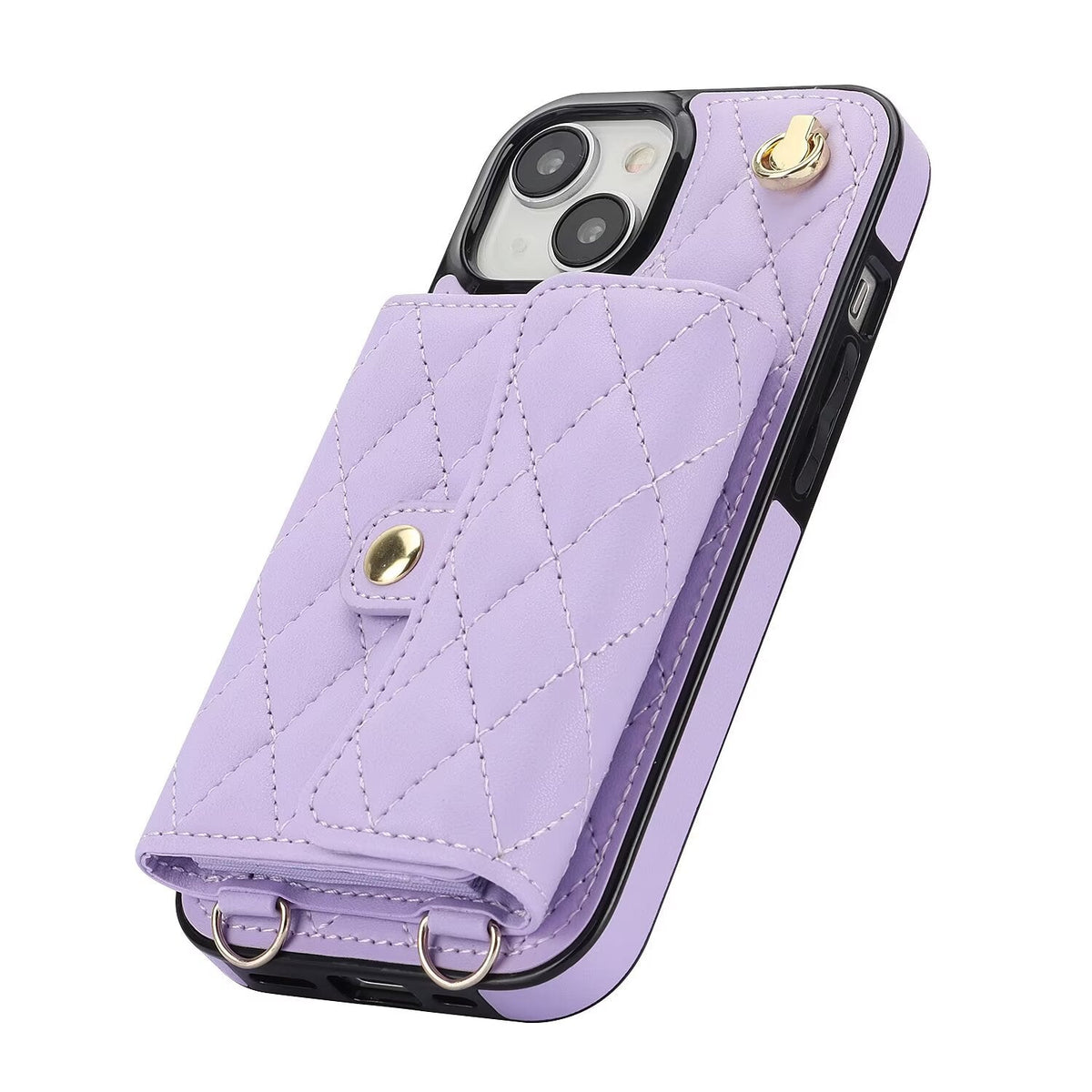 Quilted Crossbody Leather Wallet Case For iPhone 17 16 15 14 13 12 11 Pro Max Detachable Shoulder & Wrist Strap Multi Card Slots Kickstand Q22 - QuiltedCases