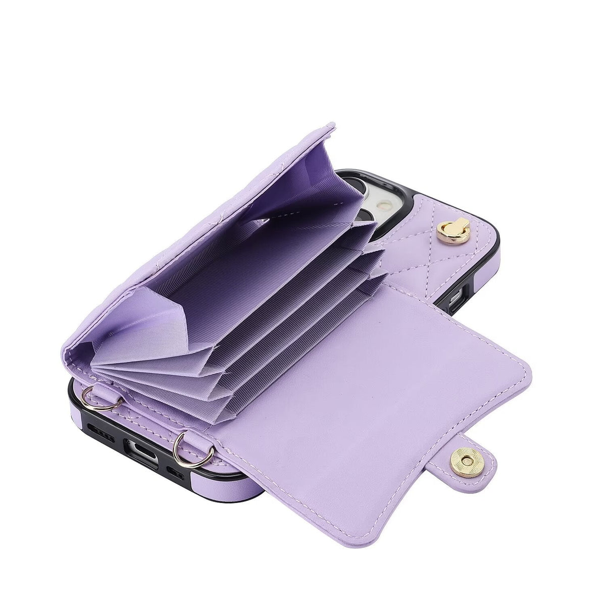 Quilted Crossbody Leather Wallet Case For iPhone 17 16 15 14 13 12 11 Pro Max Detachable Shoulder & Wrist Strap Multi Card Slots Kickstand Q22 - QuiltedCases