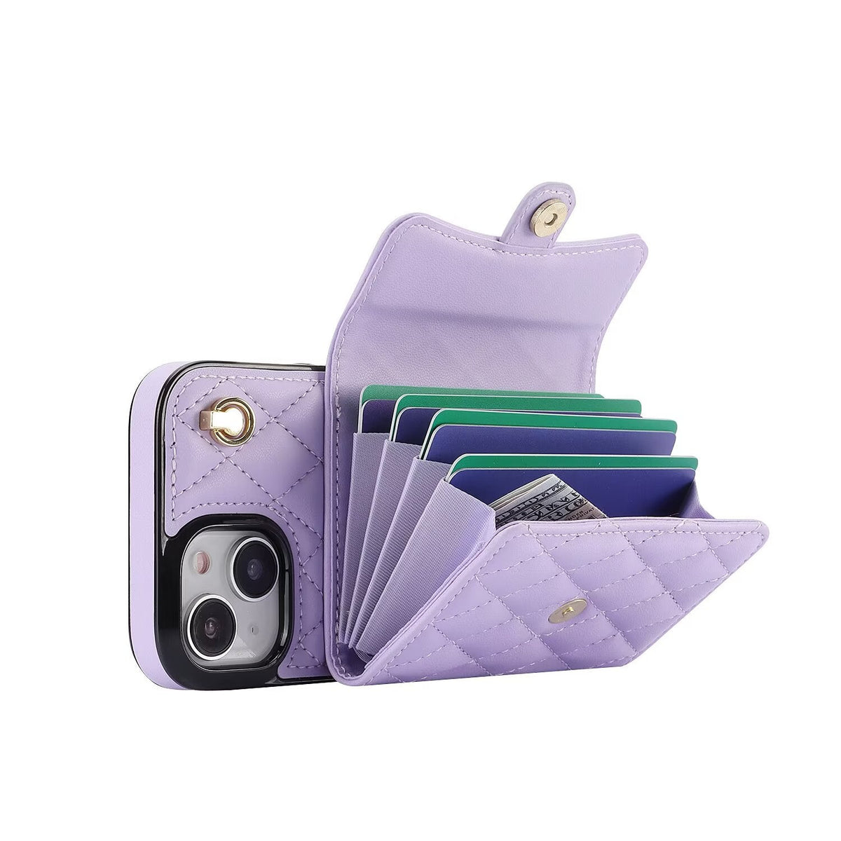 Quilted Crossbody Leather Wallet Case For iPhone 17 16 15 14 13 12 11 Pro Max Detachable Shoulder & Wrist Strap Multi Card Slots Kickstand Q22 - QuiltedCases