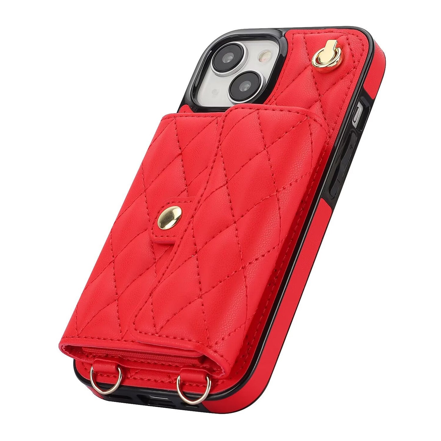 Quilted Crossbody Leather Wallet Case For iPhone 17 16 15 14 13 12 11 Pro Max Detachable Shoulder & Wrist Strap Multi Card Slots Kickstand Q23 - QuiltedCases