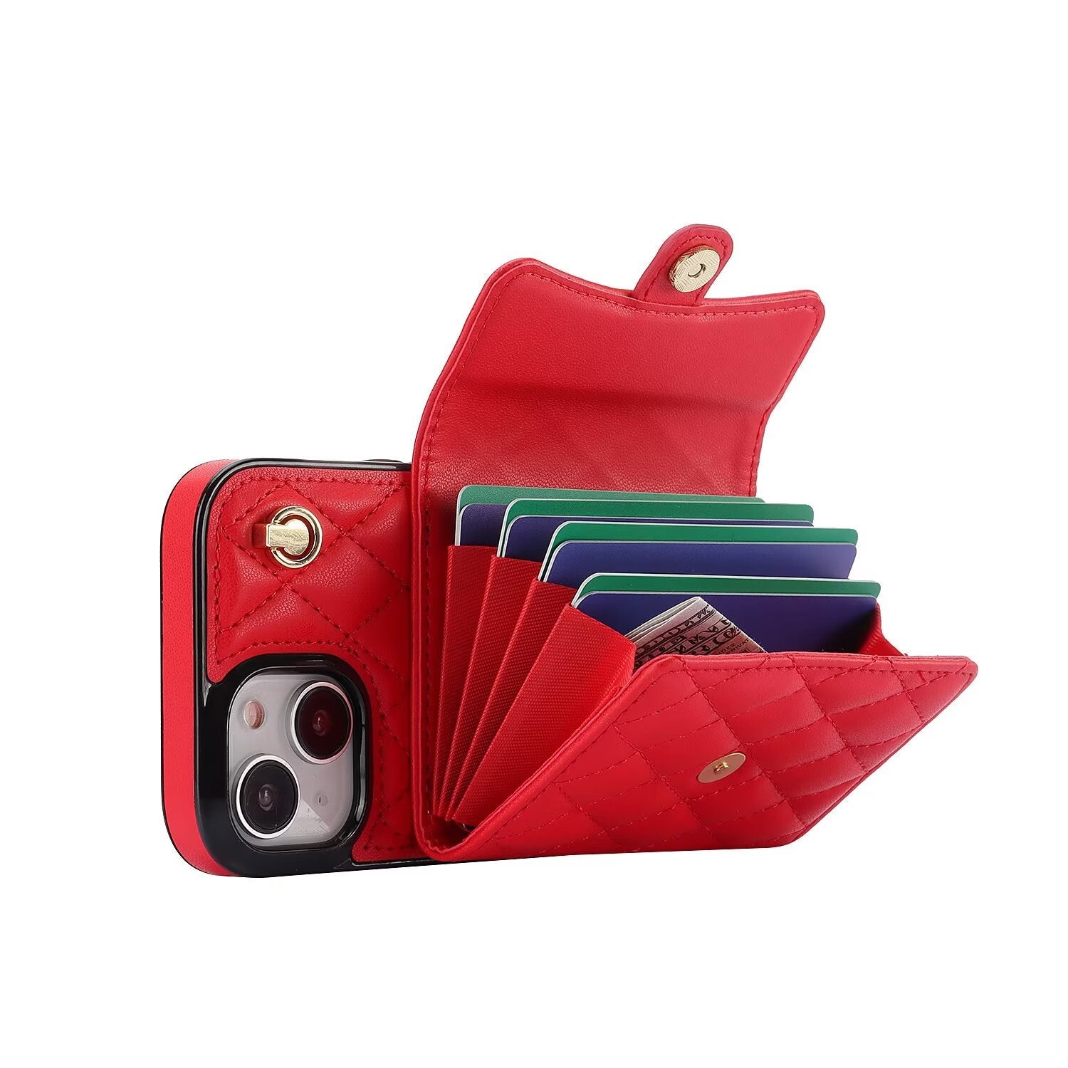 Quilted Crossbody Leather Wallet Case For iPhone 17 16 15 14 13 12 11 Pro Max Detachable Shoulder & Wrist Strap Multi Card Slots Kickstand Q23 - QuiltedCases