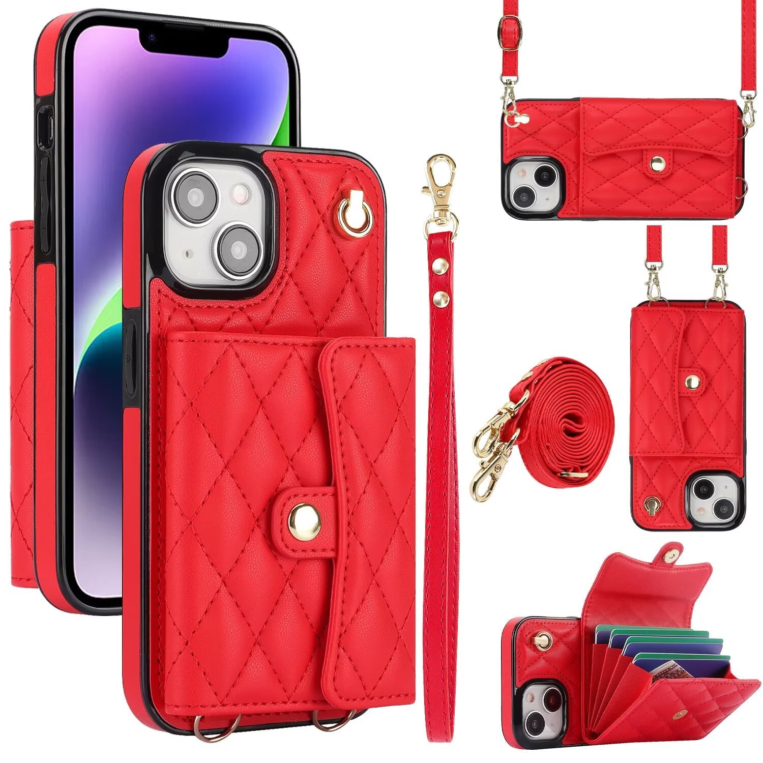 Quilted Crossbody Leather Wallet Case For iPhone 17 16 15 14 13 12 11 Pro Max Detachable Shoulder & Wrist Strap Multi Card Slots Kickstand Q23 - QuiltedCases