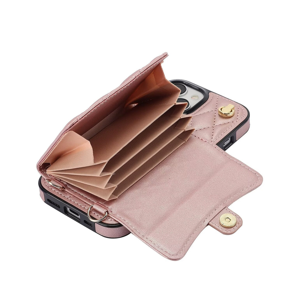Quilted Crossbody Leather Wallet Case For iPhone 17 16 15 14 13 12 11 Pro Max Detachable Shoulder & Wrist Strap Multi Card Slots Kickstand Q24 - QuiltedCases