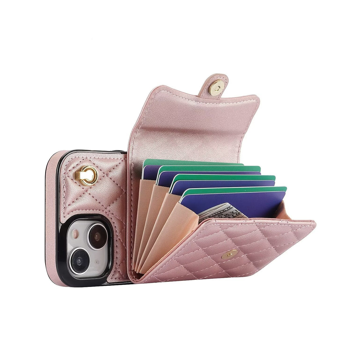 Quilted Crossbody Leather Wallet Case For iPhone 17 16 15 14 13 12 11 Pro Max Detachable Shoulder & Wrist Strap Multi Card Slots Kickstand Q24 - QuiltedCases