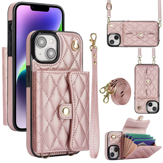Quilted Crossbody Leather Wallet Case For iPhone 17 16 15 14 13 12 11 Pro Max Detachable Shoulder & Wrist Strap Multi Card Slots Kickstand Q24 - QuiltedCases