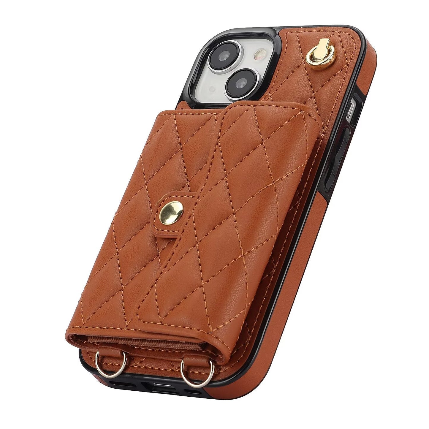 Quilted Crossbody Leather Wallet Case For iPhone 17 16 15 14 13 12 11 Pro Max Detachable Shoulder & Wrist Strap Multi Card Slots Kickstand Q25 - QuiltedCases