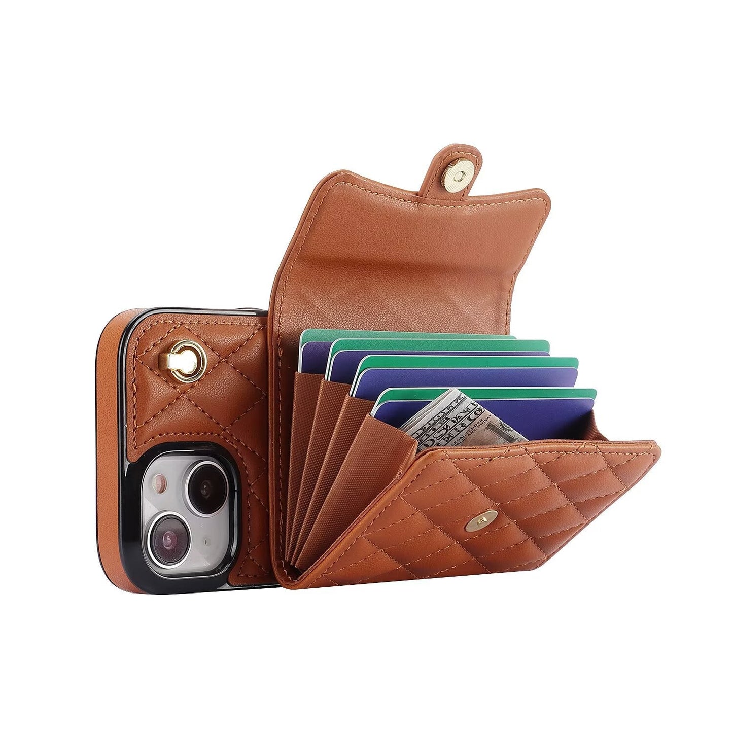Quilted Crossbody Leather Wallet Case For iPhone 17 16 15 14 13 12 11 Pro Max Detachable Shoulder & Wrist Strap Multi Card Slots Kickstand Q25 - QuiltedCases