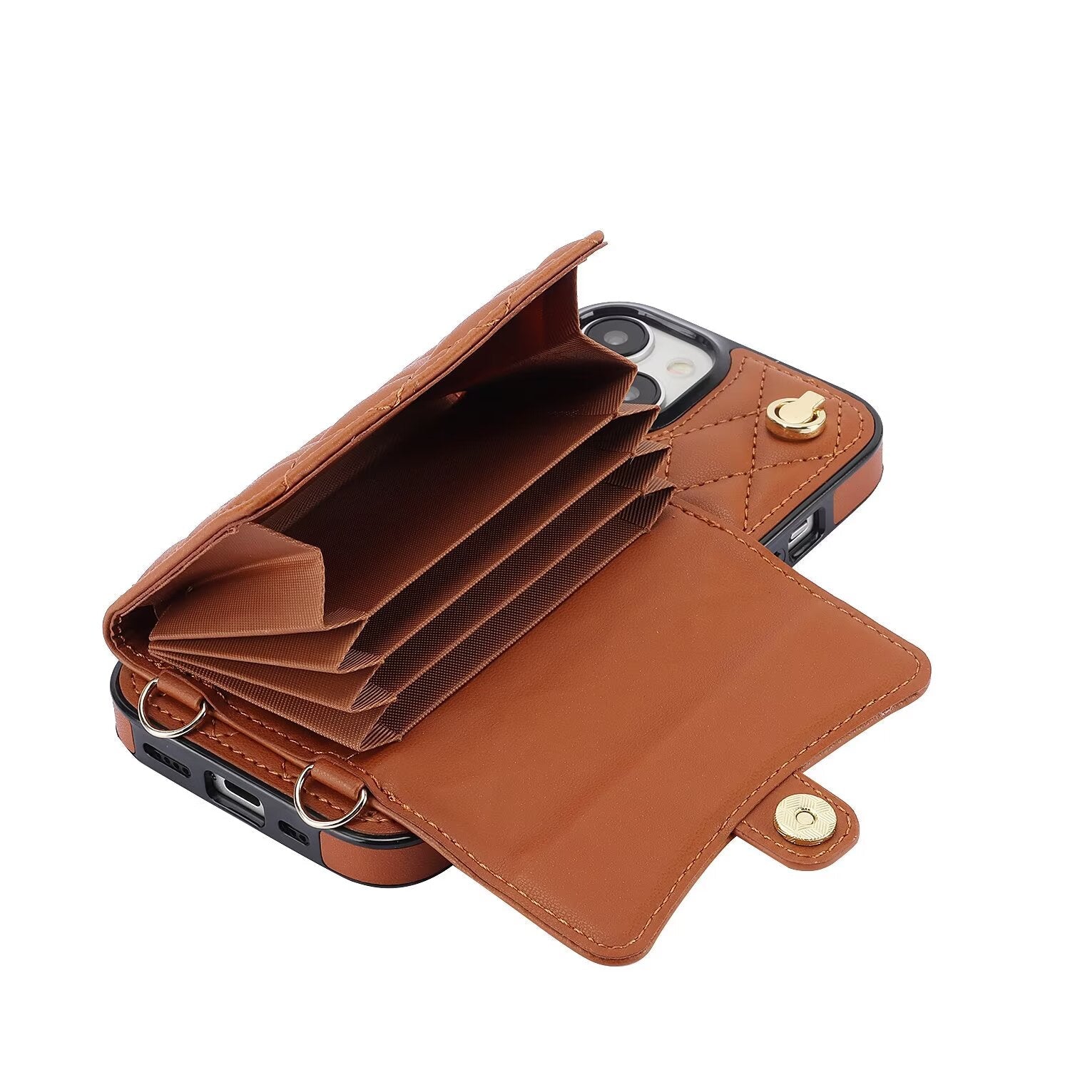 Quilted Crossbody Leather Wallet Case For iPhone 17 16 15 14 13 12 11 Pro Max Detachable Shoulder & Wrist Strap Multi Card Slots Kickstand Q25 - QuiltedCases