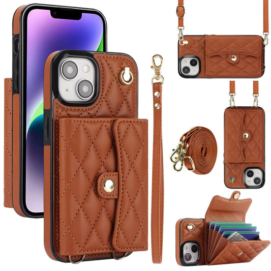 Quilted Crossbody Leather Wallet Case For iPhone 17 16 15 14 13 12 11 Pro Max Detachable Shoulder & Wrist Strap Multi Card Slots Kickstand Q25 - QuiltedCases