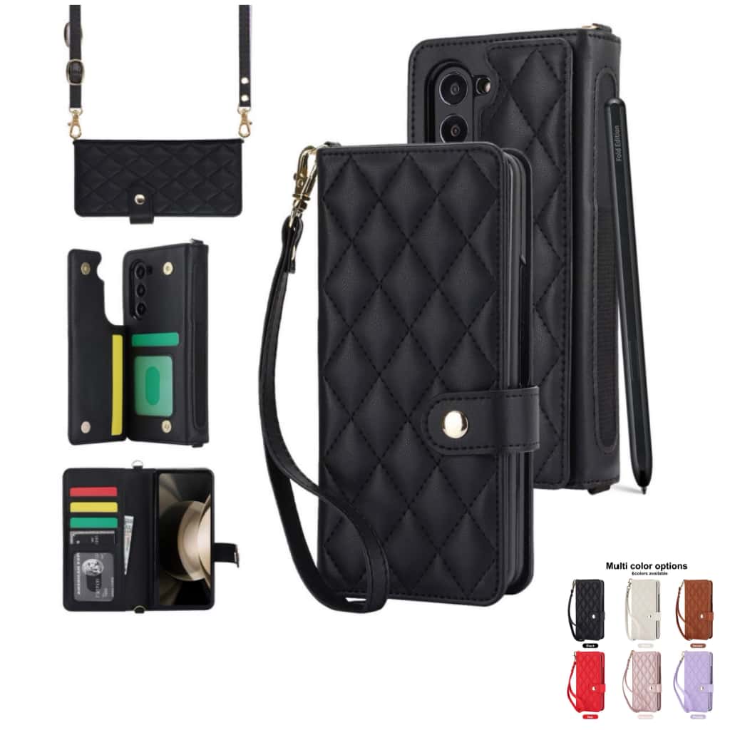 Quilted Leather Crossbody Wallet Case for Samsung Galaxy Z Fold3-Fold8 Multi Card Slots S Pen Holder Cover Q62 - QuiltedCases