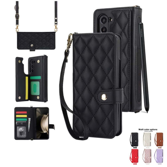 Quilted Leather Crossbody Wallet Case for Samsung Galaxy Z Fold3-Fold8 Multi Card Slots S Pen Holder Cover Q62 - QuiltedCases