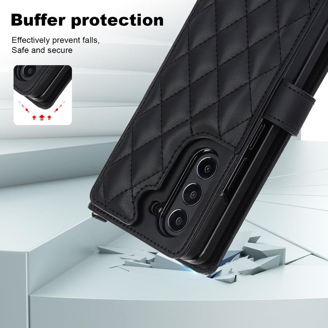 Quilted Leather Crossbody Wallet Case for Samsung Galaxy Z Fold3-Fold8 Multi Card Slots S Pen Holder Cover Q62 - QuiltedCases