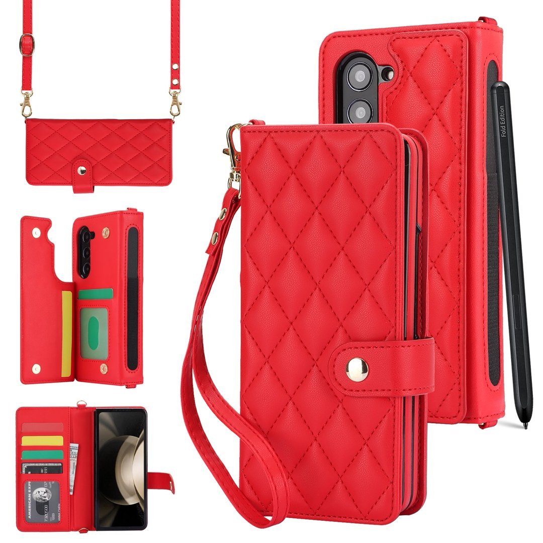 Quilted Leather Crossbody Wallet Case for Samsung Galaxy Z Fold3-Fold8 Multi Card Slots S Pen Holder Cover Q62 - QuiltedCases