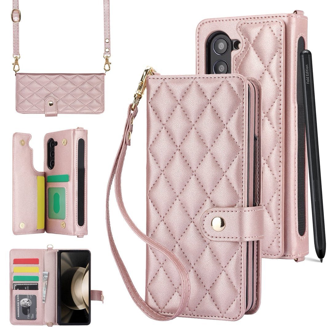 Quilted Leather Crossbody Wallet Case for Samsung Galaxy Z Fold3-Fold8 Multi Card Slots S Pen Holder Cover Q62 - QuiltedCases