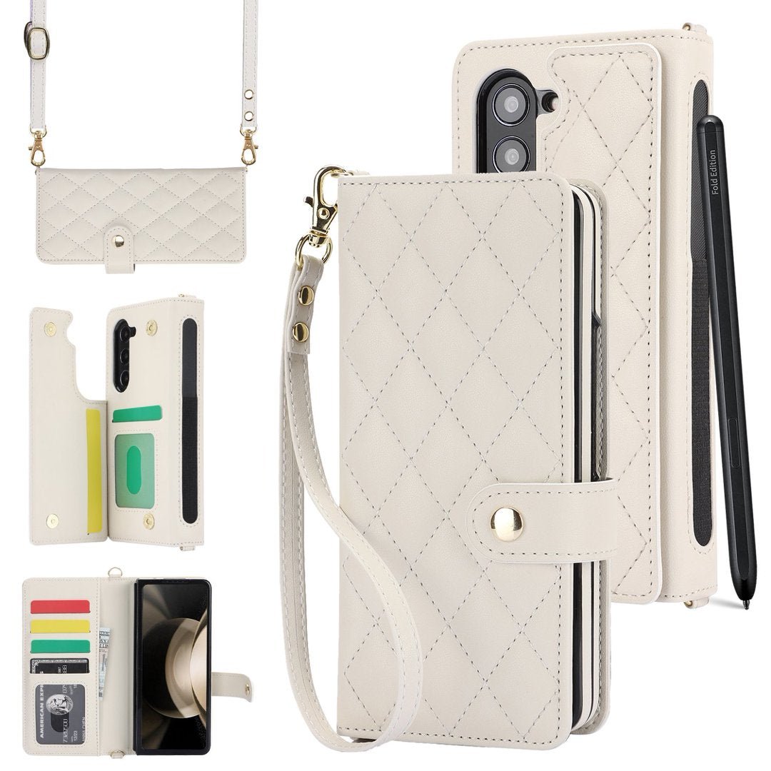 Quilted Leather Crossbody Wallet Case for Samsung Galaxy Z Fold3-Fold8 Multi Card Slots S Pen Holder Cover Q62 - QuiltedCases
