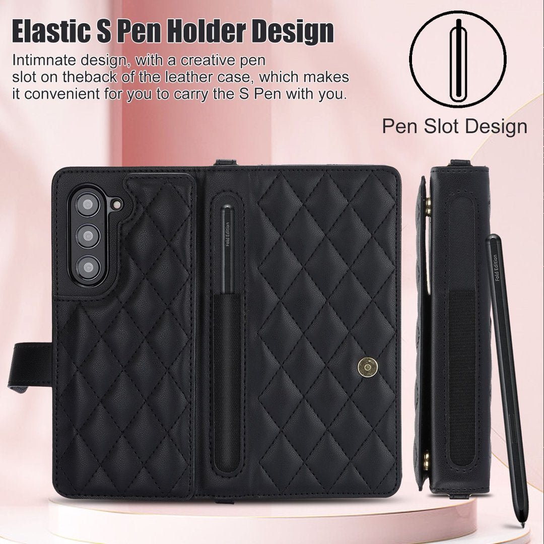 Quilted Leather Crossbody Wallet Case for Samsung Galaxy Z Fold3-Fold8 Multi Card Slots S Pen Holder Cover Q62 - QuiltedCases