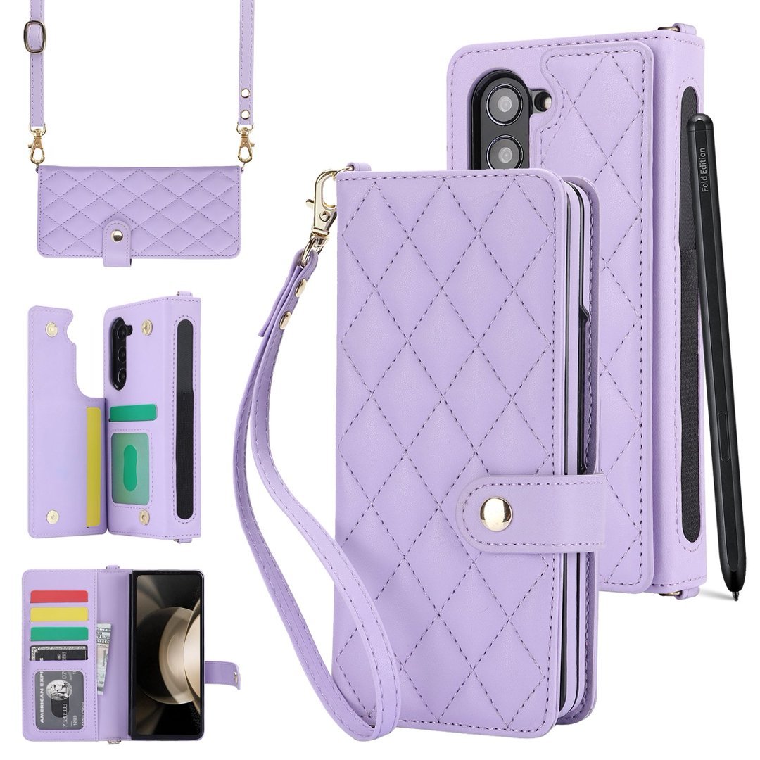Quilted Leather Crossbody Wallet Case for Samsung Galaxy Z Fold3-Fold8 Multi Card Slots S Pen Holder Cover Q62 - QuiltedCases
