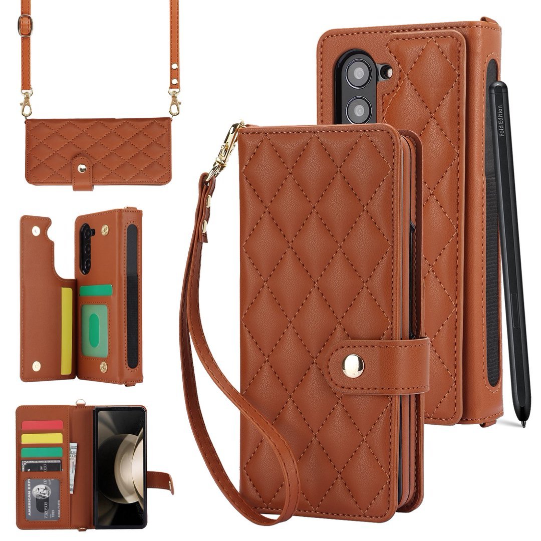 Quilted Leather Crossbody Wallet Case for Samsung Galaxy Z Fold3-Fold8 Multi Card Slots S Pen Holder Cover Q62 - QuiltedCases