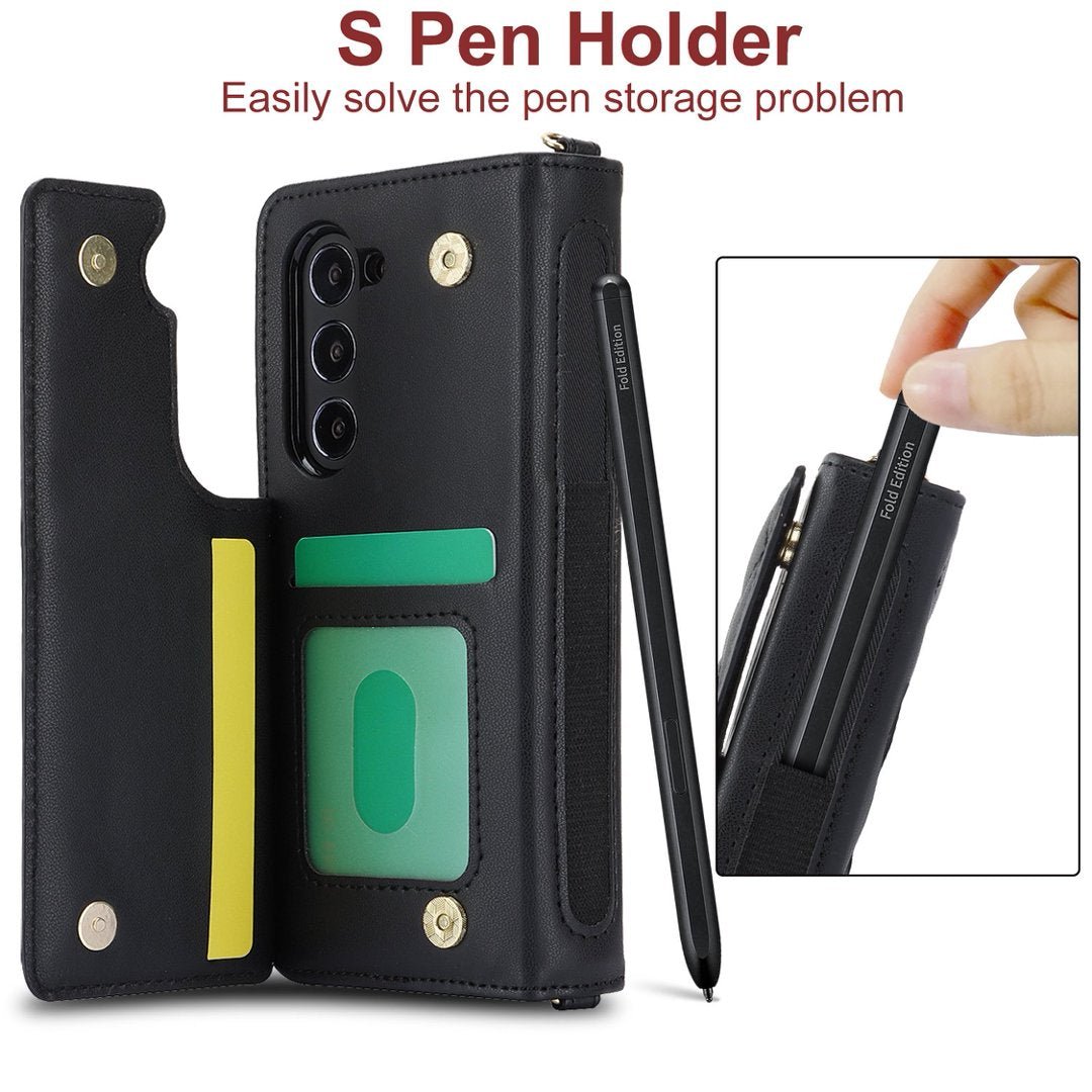 Quilted Leather Crossbody Wallet Case for Samsung Galaxy Z Fold3-Fold8 Multi Card Slots S Pen Holder Cover Q62 - QuiltedCases