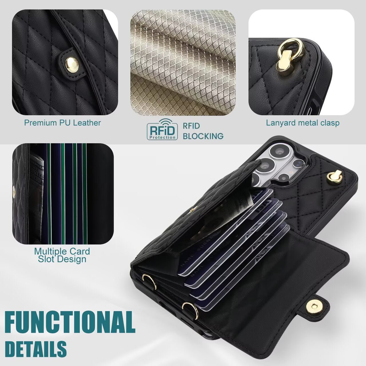 Quilted Leather Crossbody Wallet Case | Samsung Galaxy S & A Series RFID Card Holder Q56 - QuiltedCases