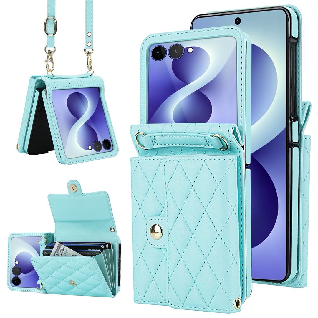 Quilted Leather Crossbody Wallet Case Samsung Z Flip3-Flip8 Multi Card Slots Foldable Cover Q60 - QuiltedCases