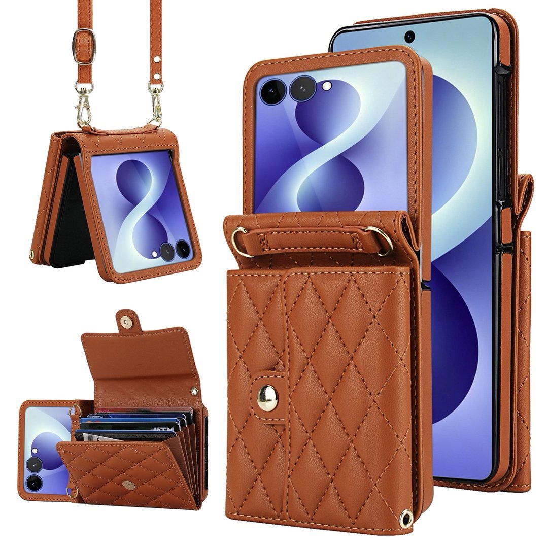 Quilted Leather Crossbody Wallet Case Samsung Z Flip3-Flip8 Multi Card Slots Foldable Cover Q60 - QuiltedCases