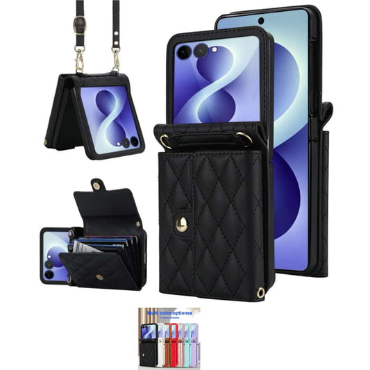 Quilted Leather Crossbody Wallet Case Samsung Z Flip3-Flip8 Multi Card Slots Foldable Cover Q60 - QuiltedCases