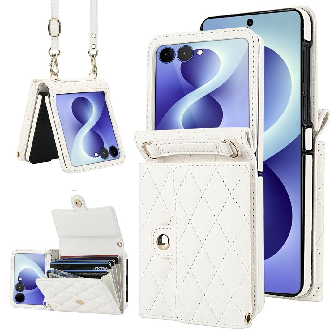 Quilted Leather Crossbody Wallet Case Samsung Z Flip3-Flip8 Multi Card Slots Foldable Cover Q60 - QuiltedCases