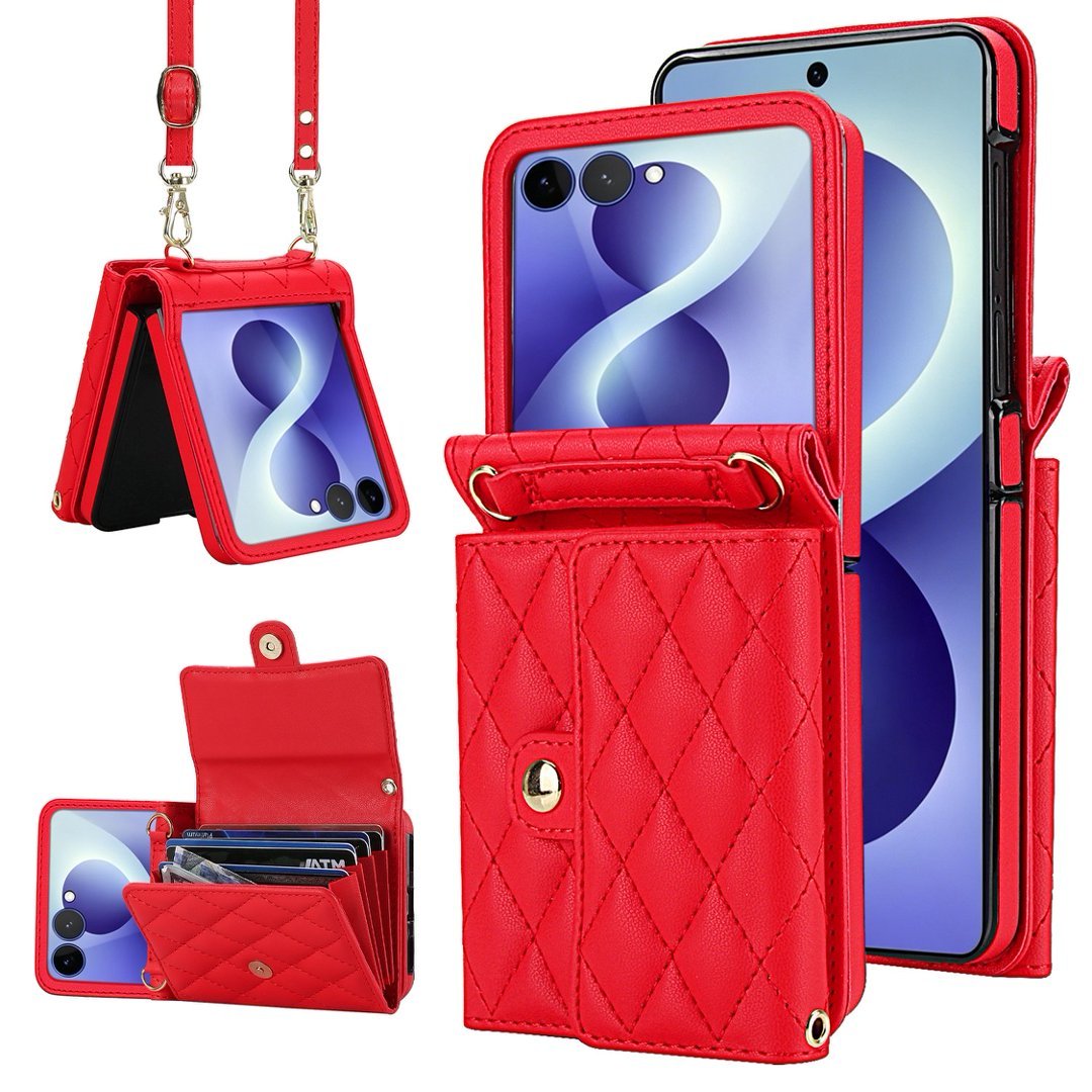 Quilted Leather Crossbody Wallet Case Samsung Z Flip3-Flip8 Multi Card Slots Foldable Cover Q60 - QuiltedCases