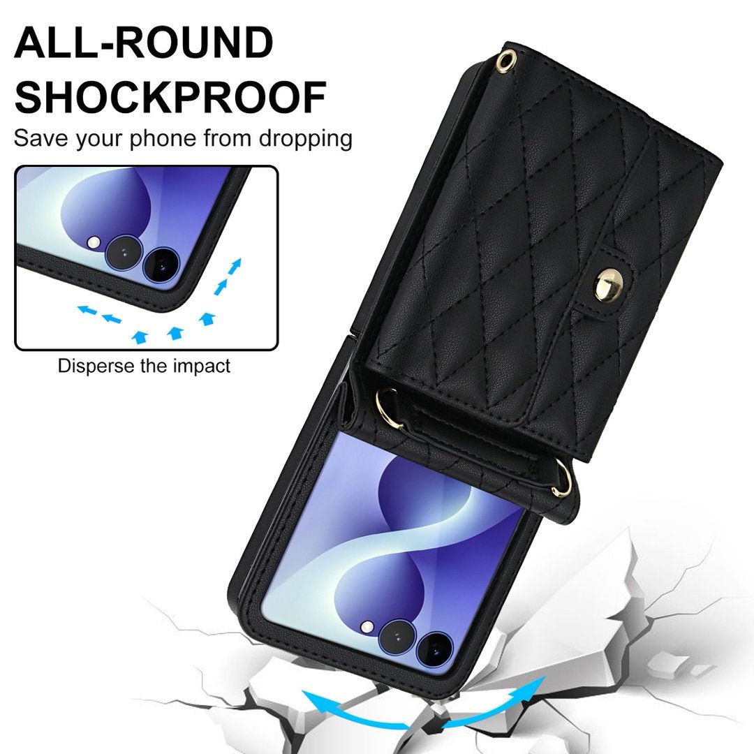 Quilted Leather Crossbody Wallet Case Samsung Z Flip3-Flip8 Multi Card Slots Foldable Cover Q60 - QuiltedCases