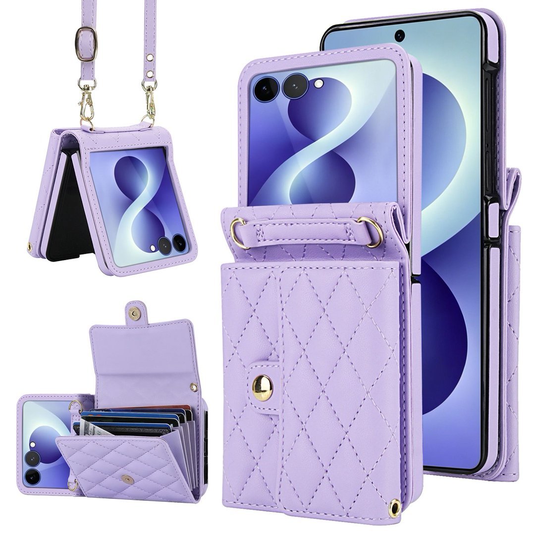 Quilted Leather Crossbody Wallet Case Samsung Z Flip3-Flip8 Multi Card Slots Foldable Cover Q60 - QuiltedCases