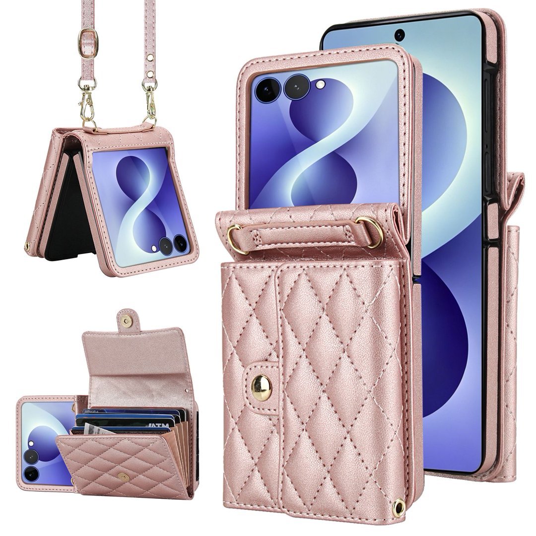 Quilted Leather Crossbody Wallet Case Samsung Z Flip3-Flip8 Multi Card Slots Foldable Cover Q60 - QuiltedCases