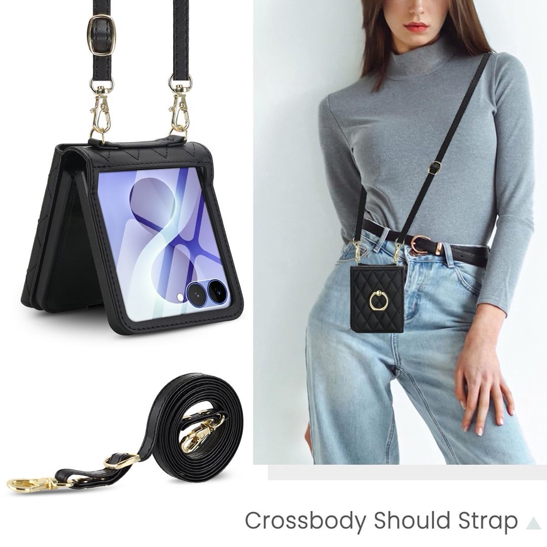 Quilted Leather Crossbody Wallet Case Samsung Z Flip3-Flip8 RFID Ring Kickstand Cover Q59 - QuiltedCases