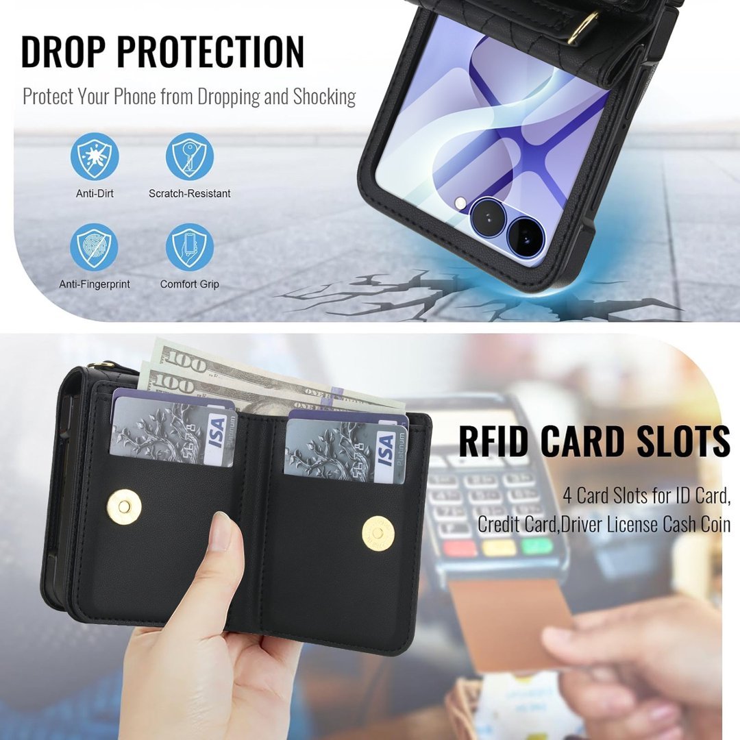 Quilted Leather Crossbody Wallet Case Samsung Z Flip3-Flip8 RFID Ring Kickstand Cover Q59 - QuiltedCases
