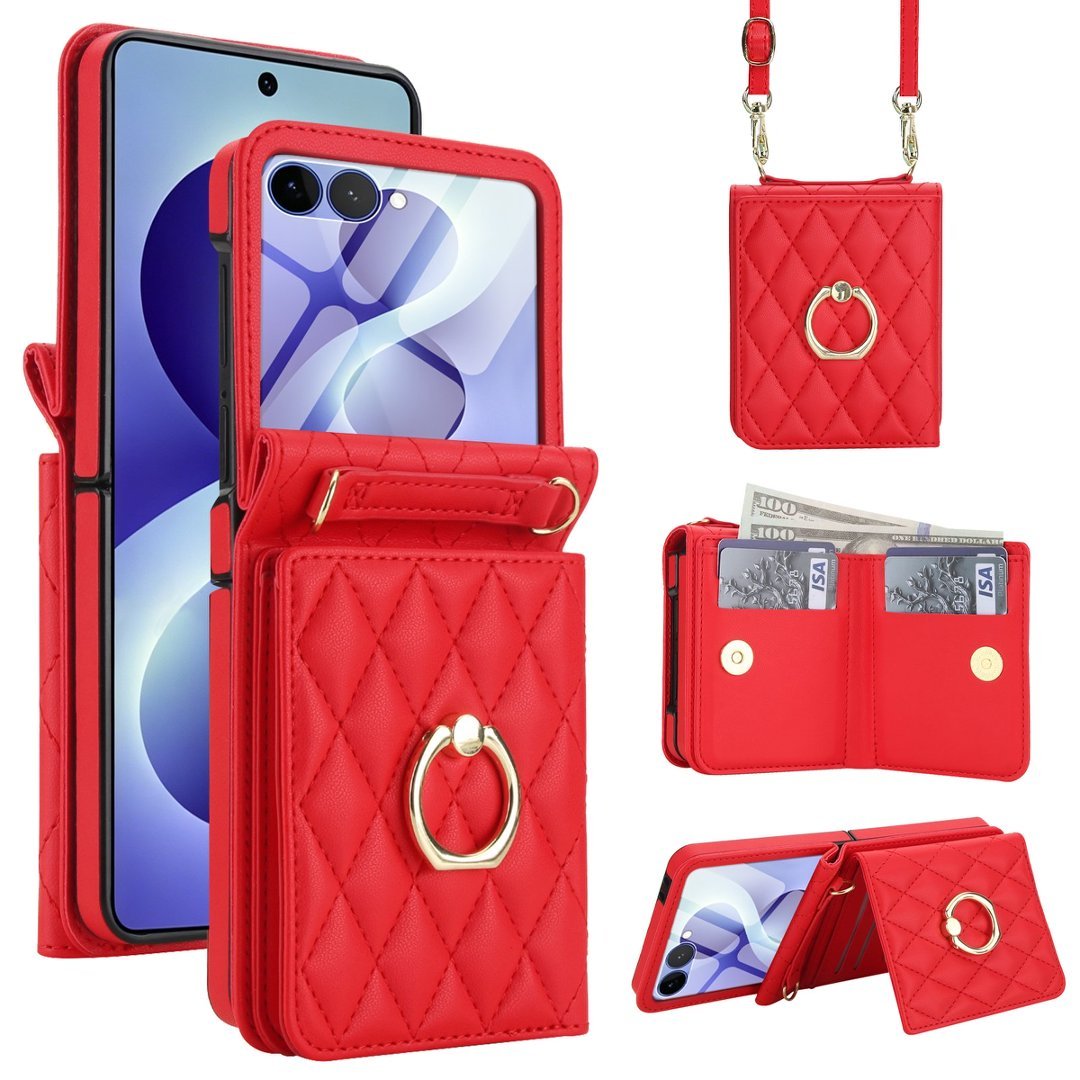 Quilted Leather Crossbody Wallet Case Samsung Z Flip3-Flip8 RFID Ring Kickstand Cover Q59 - QuiltedCases