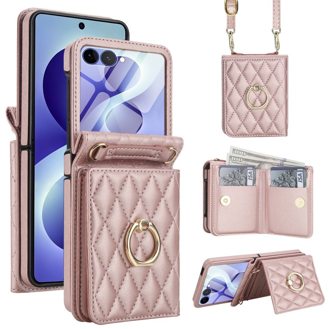 Quilted Leather Crossbody Wallet Case Samsung Z Flip3-Flip8 RFID Ring Kickstand Cover Q59 - QuiltedCases