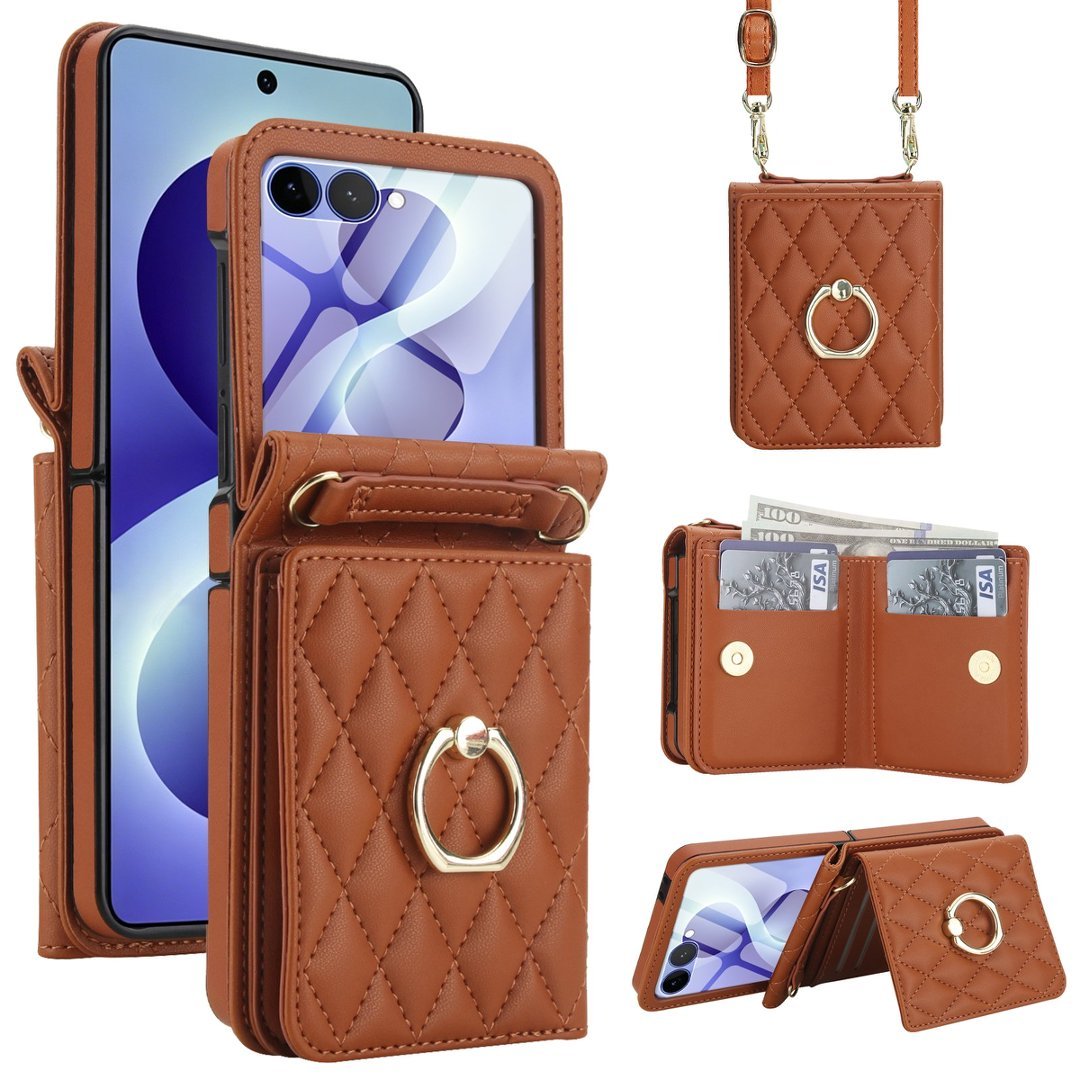 Quilted Leather Crossbody Wallet Case Samsung Z Flip3-Flip8 RFID Ring Kickstand Cover Q59 - QuiltedCases