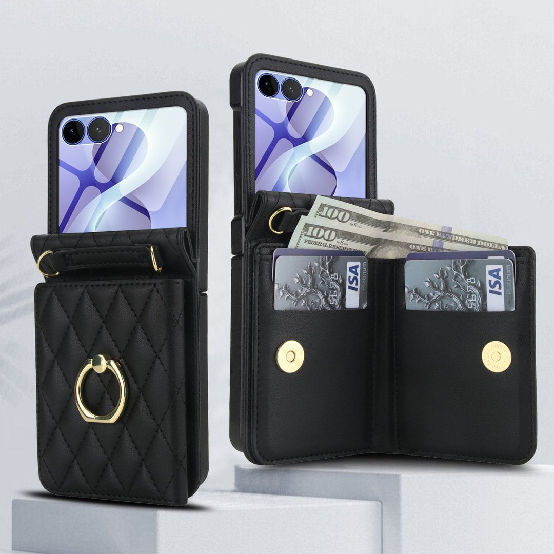 Quilted Leather Crossbody Wallet Case Samsung Z Flip3-Flip8 RFID Ring Kickstand Cover Q59 - QuiltedCases