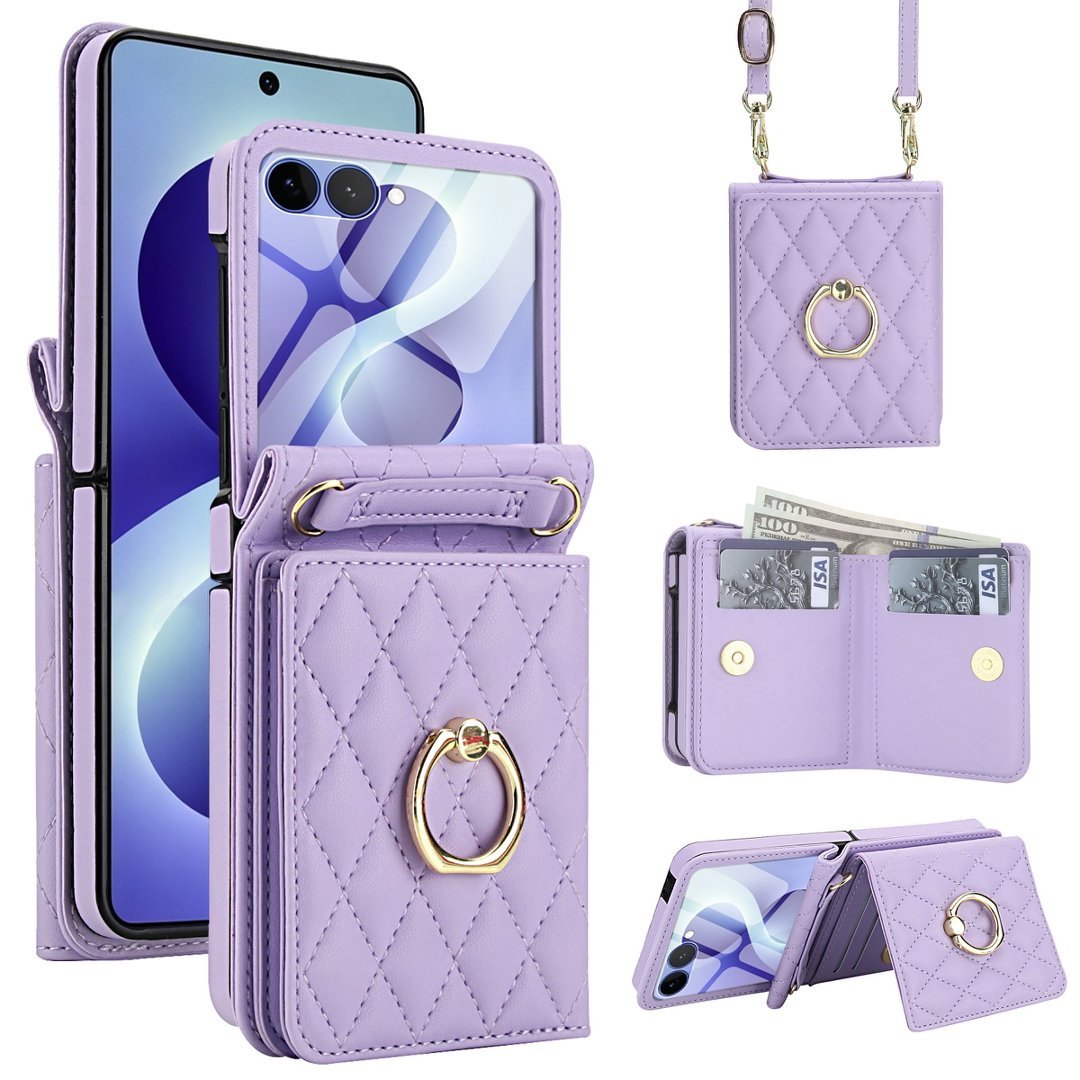 Quilted Leather Crossbody Wallet Case Samsung Z Flip3-Flip8 RFID Ring Kickstand Cover Q59 - QuiltedCases