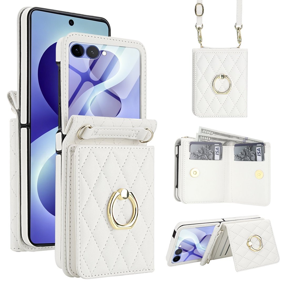 Quilted Leather Crossbody Wallet Case Samsung Z Flip3-Flip8 RFID Ring Kickstand Cover Q59 - QuiltedCases