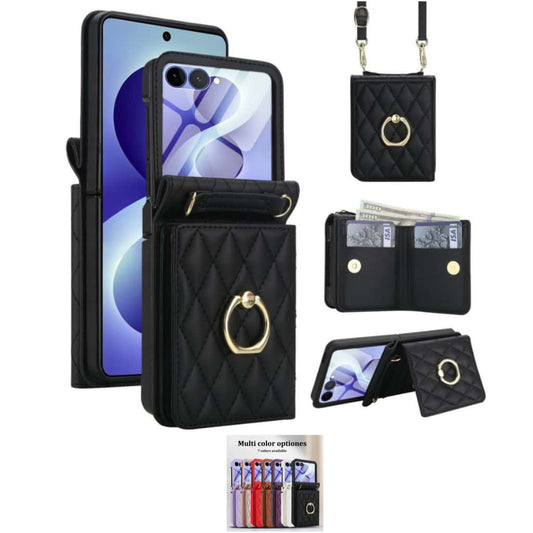 Quilted Leather Crossbody Wallet Case Samsung Z Flip3-Flip8 RFID Ring Kickstand Cover Q59 - QuiltedCases