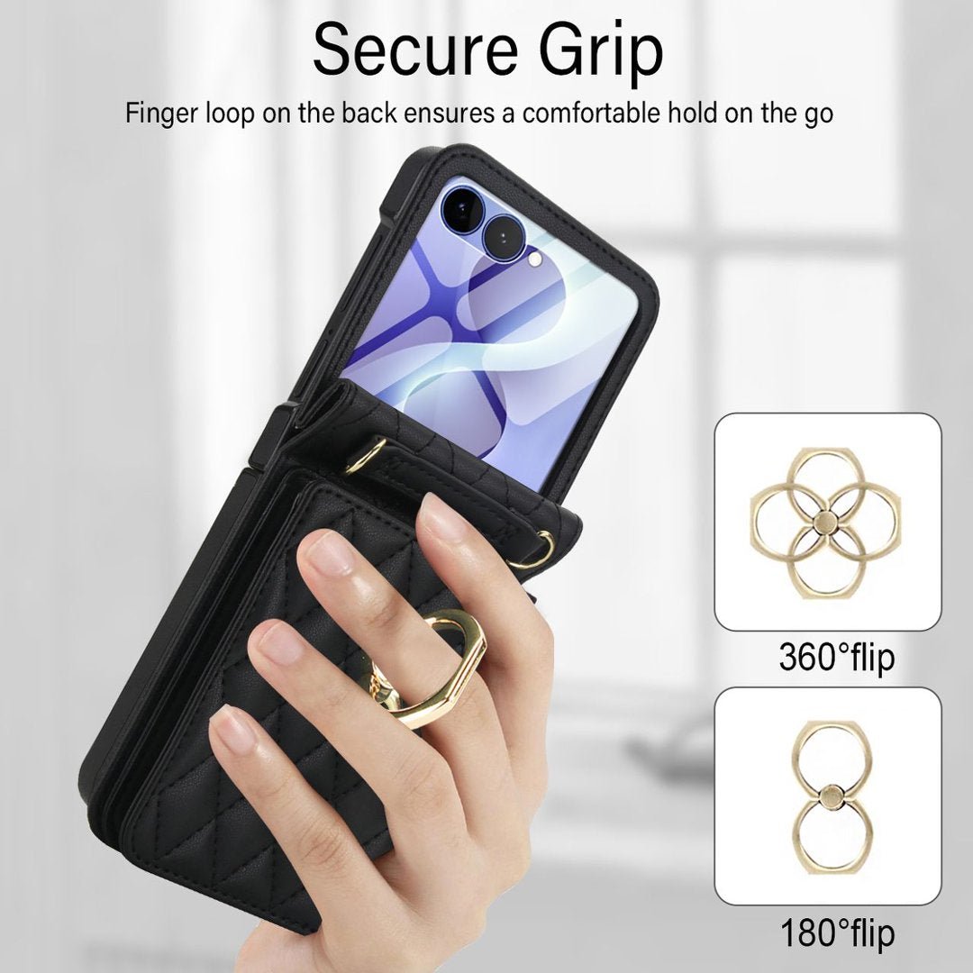 Quilted Leather Crossbody Wallet Case Samsung Z Flip3-Flip8 RFID Ring Kickstand Cover Q59 - QuiltedCases