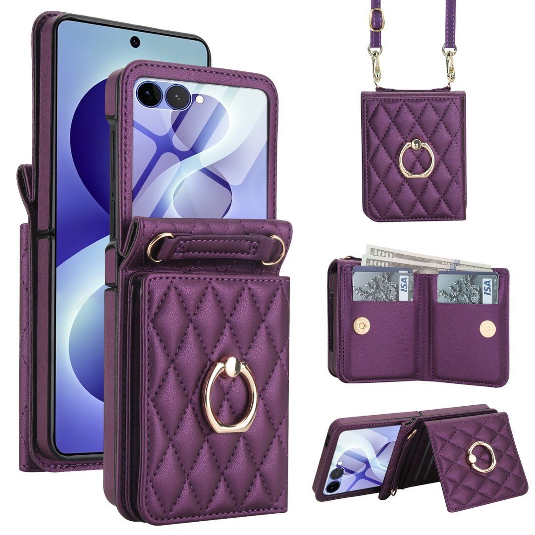 Quilted Leather Crossbody Wallet Case Samsung Z Flip3-Flip8 RFID Ring Kickstand Cover Q59 - QuiltedCases