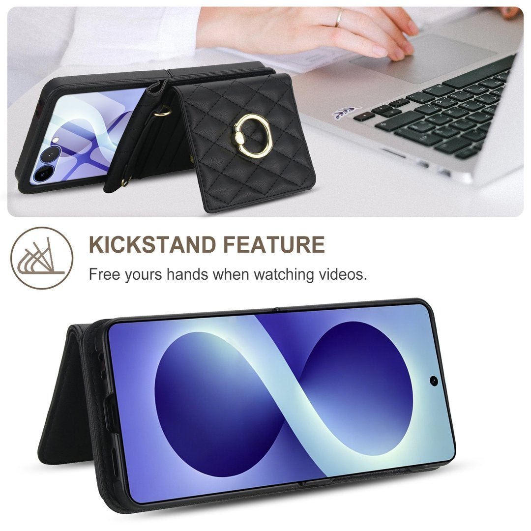 Quilted Leather Crossbody Wallet Case Samsung Z Flip3-Flip8 RFID Ring Kickstand Cover Q59 - QuiltedCases