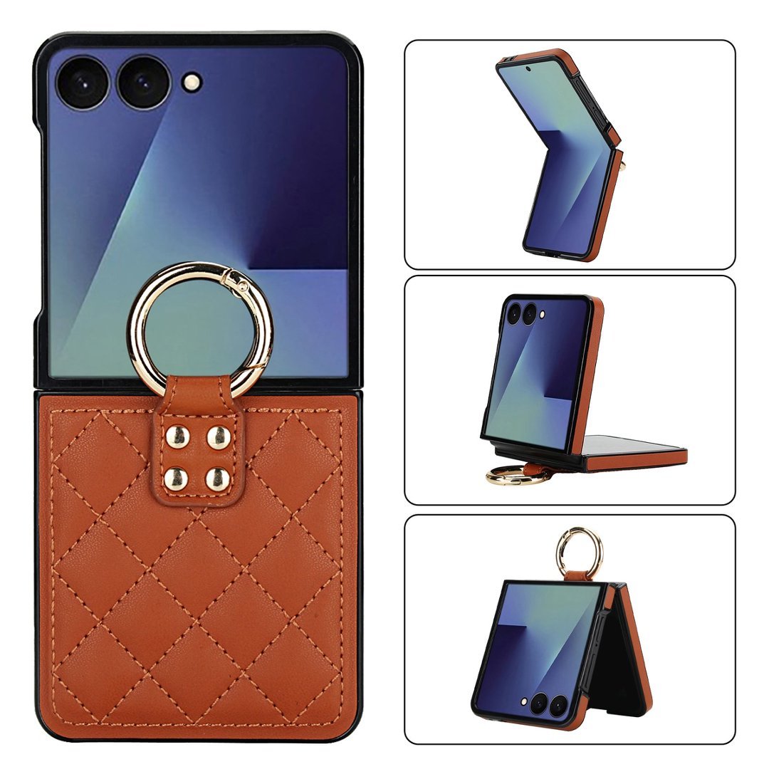 Quilted Leather Ring Case for Samsung Galaxy Z Flip3-Flip8 Shockproof Cover Q58 - QuiltedCases