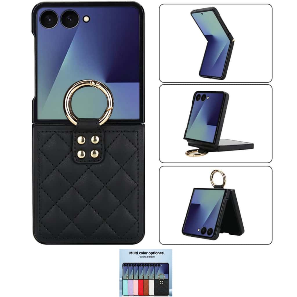 Quilted Leather Ring Case for Samsung Galaxy Z Flip3-Flip8 Shockproof Cover Q58 - QuiltedCases