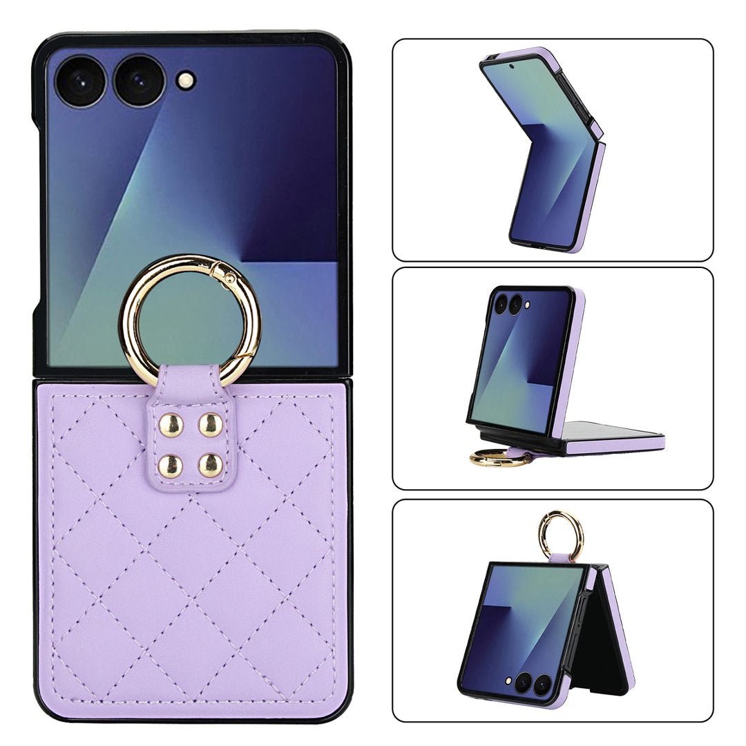 Quilted Leather Ring Case for Samsung Galaxy Z Flip3-Flip8 Shockproof Cover Q58 - QuiltedCases