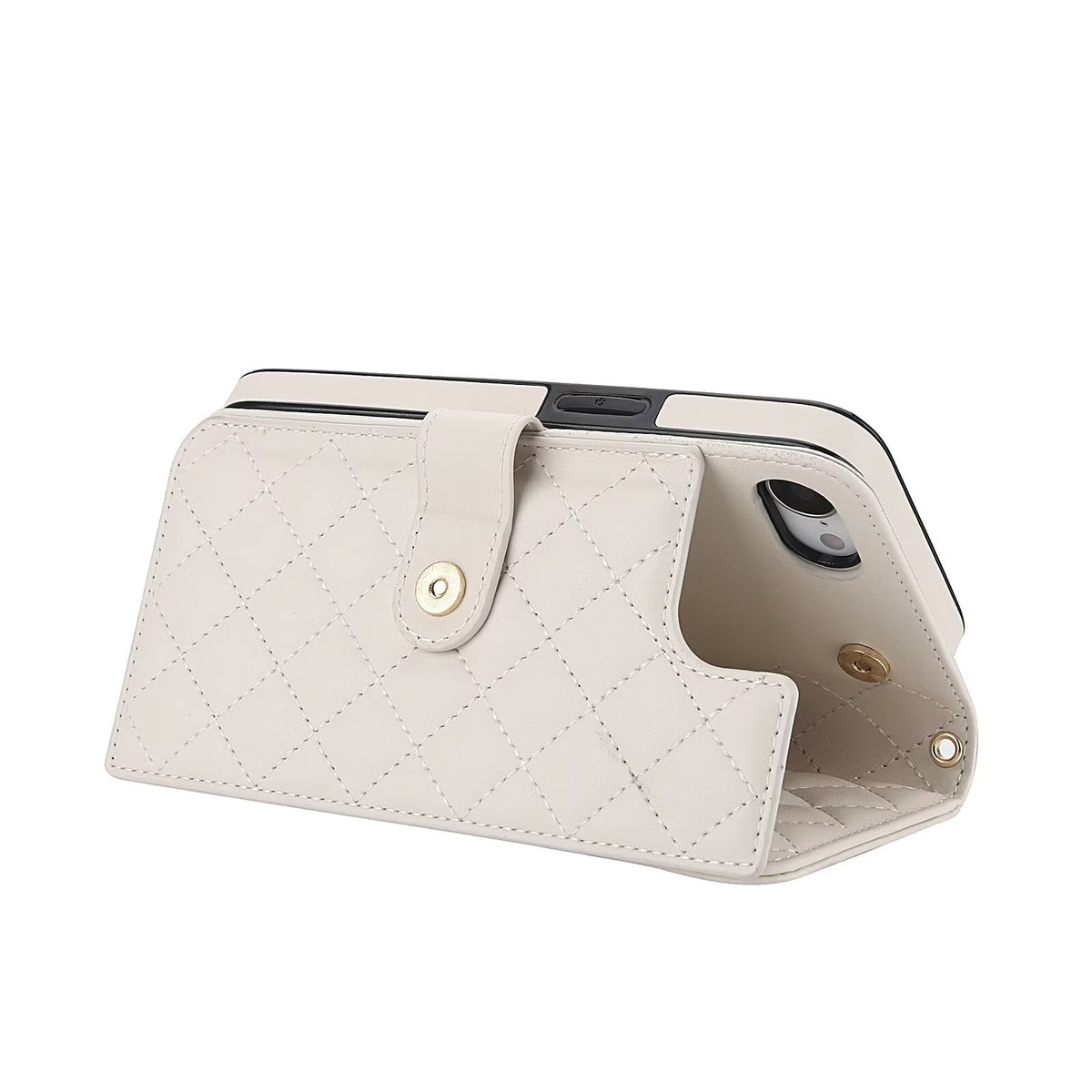 Quilted Leather Wallet Case For iPhone 17 16 15 14 13 12 11 8 7 Pro Max Crossbody Strap Wristlet Flip Folio Card Holder Kickstand Phone Case Q13 - QuiltedCases