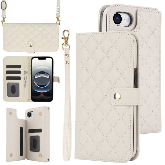 Quilted Leather Wallet Case For iPhone 17 16 15 14 13 12 11 8 7 Pro Max Crossbody Strap Wristlet Flip Folio Card Holder Kickstand Phone Case Q13 - QuiltedCases