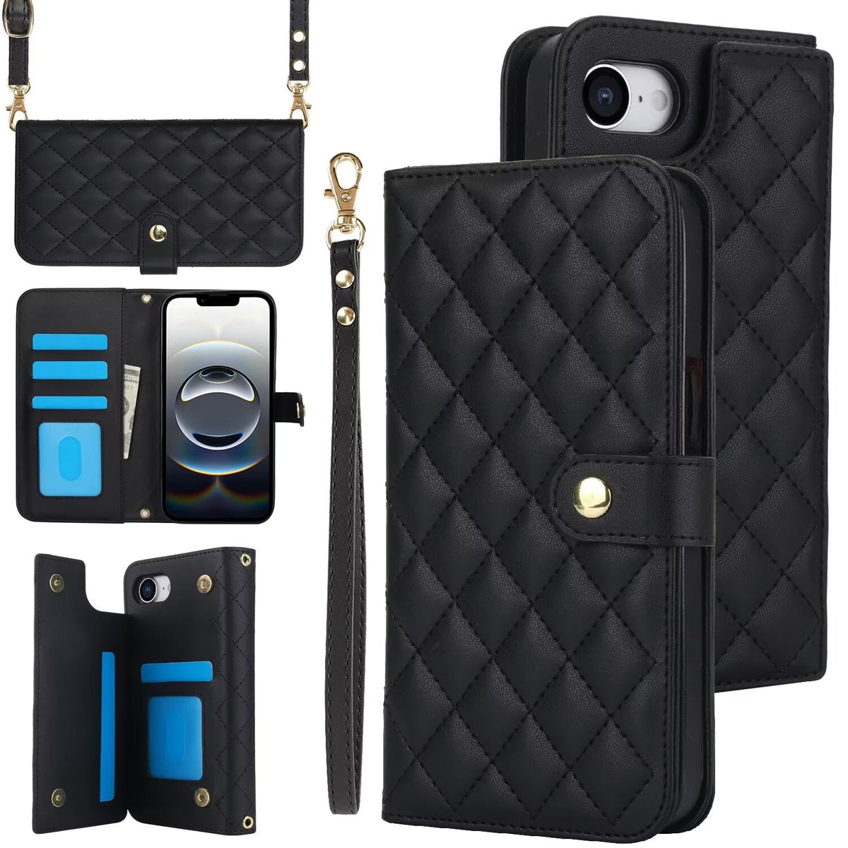 Quilted Leather Wallet Case For iPhone 17 16 15 14 13 12 11 8 7 Pro Max Crossbody Strap Wristlet Flip Folio Card Holder Kickstand Phone Case Q14 - QuiltedCases